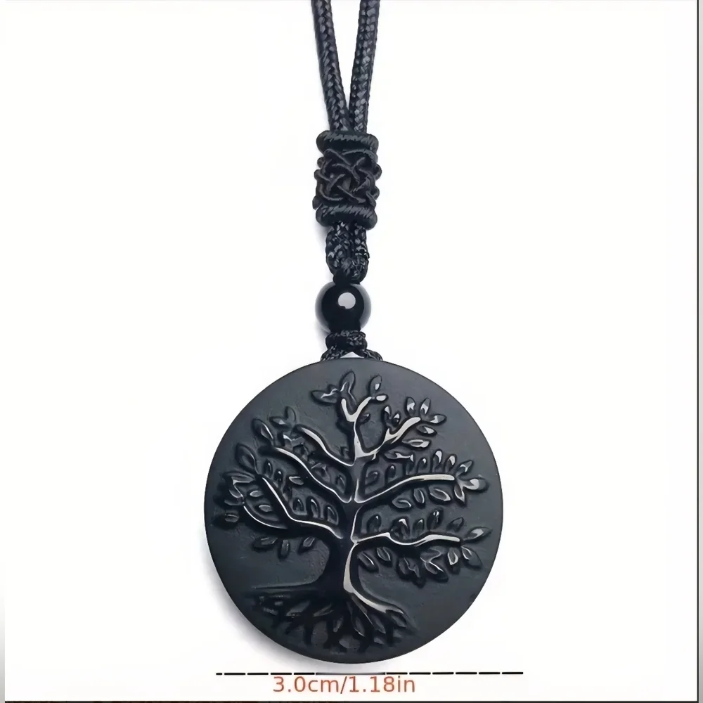 Obsidian Men's Frosted Tree of Life Necklace Pendant
